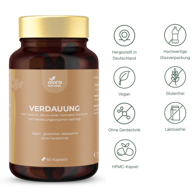 Verdauung: hergestellt in Deutschland, vegan, ohne Gentechnik, HPMC-Kapsel, hochwertige Glasverpackung, glutenfrei und laktosefrei